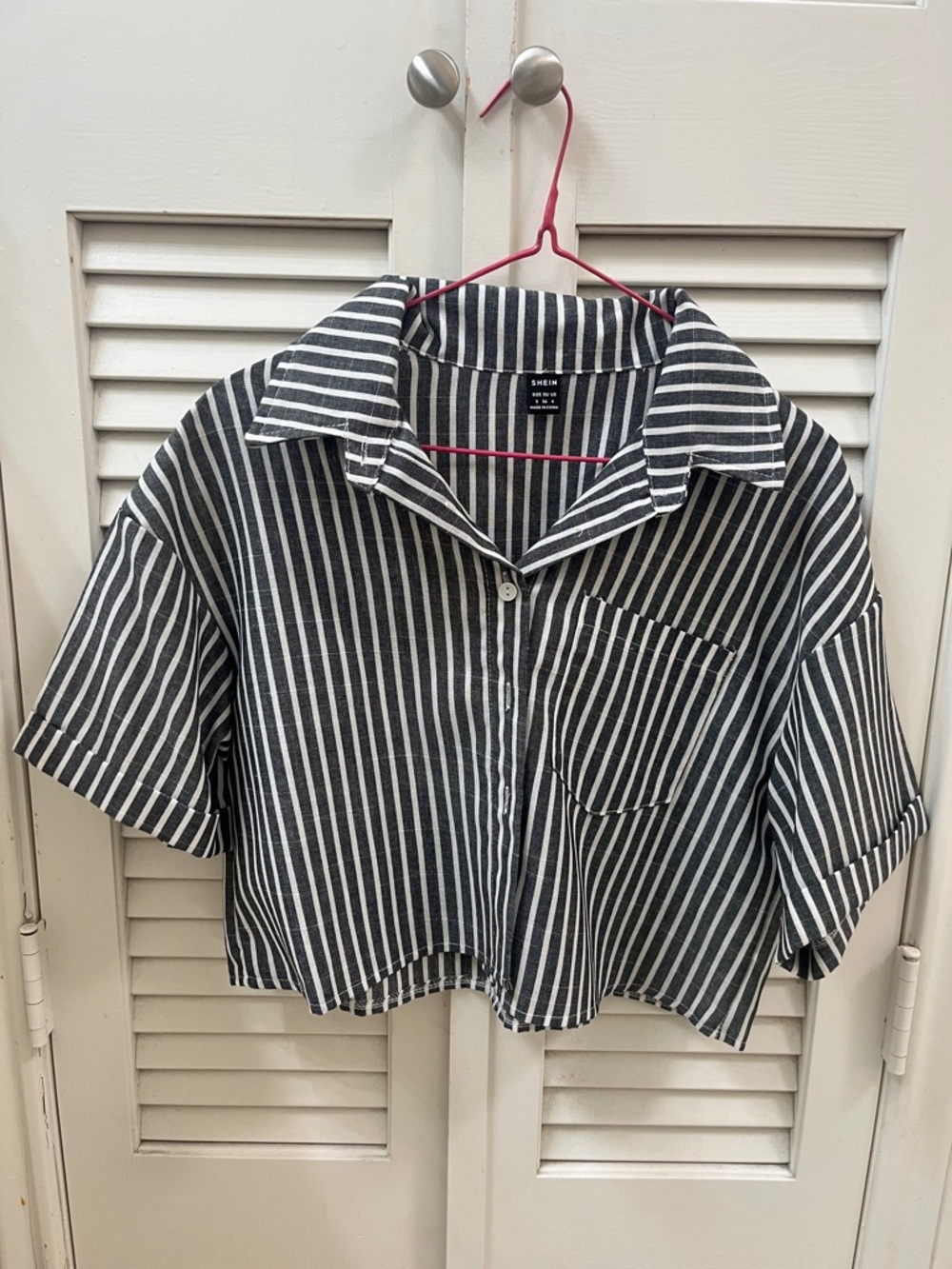 SHEIN Black & White Vertical Stripe Cropped Button Shirt
